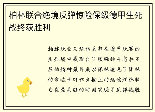 柏林联合绝境反弹惊险保级德甲生死战终获胜利 柏林联合绝境反弹惊险保级德甲生死战终获胜利